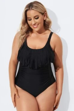 Black V-Neck Fringe Vintage One Piece Swimsuits -Bikini Bliss Shop b sfop2003075 4