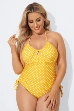 Yellow Self-Tie Halter Dot One Piece Swimsuit