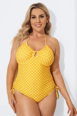 Yellow Self-Tie Halter Dot One Piece Swimsuit 6 Yellow Self-Tie Halter Dot One Piece Swimsuit -Bikini Bliss Shop b sfop2003088 3