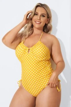 Yellow Self-Tie Halter Dot One Piece Swimsuit 7 Yellow Self-Tie Halter Dot One Piece Swimsuit -Bikini Bliss Shop b sfop2003088 4