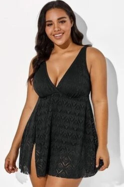 Black Crochet Side Slit V-Neck Graceful Swimdress -Bikini Bliss Shop b sfsd1911001 1