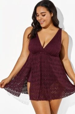 Wine Crochet Side Slit V-Neck Graceful Swimdress -Bikini Bliss Shop b sfsd1911005 1 1