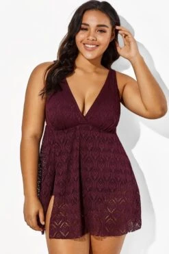Wine Crochet Side Slit V-Neck Graceful Swimdress -Bikini Bliss Shop b sfsd1911005 3 1