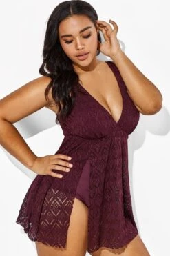 Wine Crochet Side Slit V-Neck Graceful Swimdress -Bikini Bliss Shop b sfsd1911005 4 1
