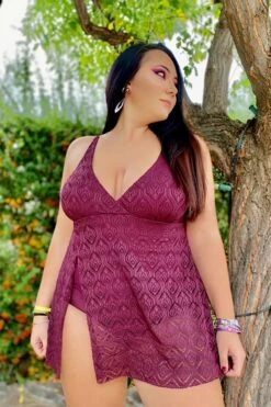 Wine Crochet Side Slit V-Neck Graceful Swimdress -Bikini Bliss Shop b sfsd1911005 7 1