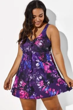 Multicolored Lotus Tie Front V-Neck Swimdress -Bikini Bliss Shop b sfsd1911006 1