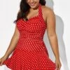 Red Halter Twist-front Polka Dot Swimdress