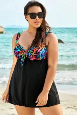 Fashionable Tie Front V-Neck Tummy Control Swimdress -Bikini Bliss Shop b sfsd1911038 1