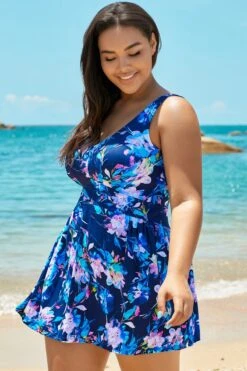 Blue V-neck Elegant Flower Swimdress For Lady -Bikini Bliss Shop b sfsd1911047 1