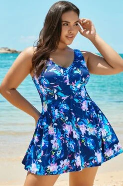 Blue V-neck Elegant Flower Swimdress For Lady -Bikini Bliss Shop b sfsd1911047 4
