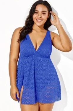 Blue Crochet Side Slit V-Neck Graceful Swimdress -Bikini Bliss Shop b sfsd1911064