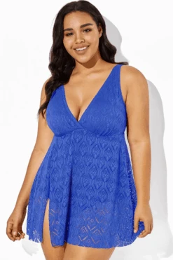 Blue Crochet Side Slit V-Neck Graceful Swimdress -Bikini Bliss Shop b sfsd1911064 3