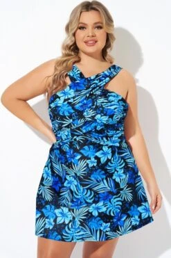 Blue Floral Printed High Neck Wrap Swimdress -Bikini Bliss Shop b sfsd2003011 11