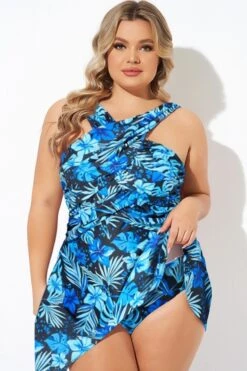 Blue Floral Printed High Neck Wrap Swimdress -Bikini Bliss Shop b sfsd2003011 44