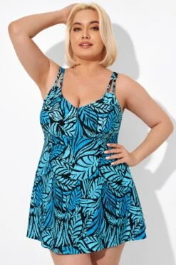 Blue Leaves Printed V-neck Women Swimdress -Bikini Bliss Shop b sfsd2003046 4