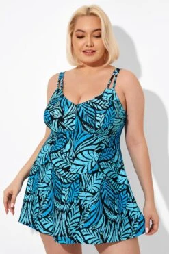 Blue Leaves Printed V-neck Women Swimdress -Bikini Bliss Shop b sfsd2003046 6