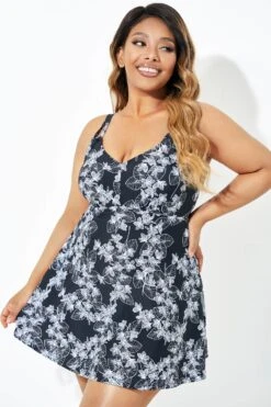 Black Floral Printed Double Strap Women Swimdress