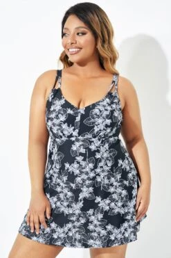 Black Floral Printed Double Strap Women Swimdress -Bikini Bliss Shop b sfsd2003068 4