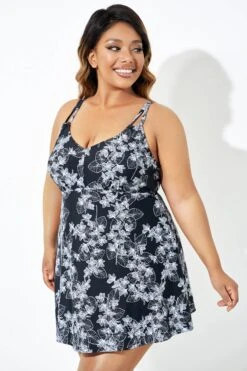 Black Floral Printed Double Strap Women Swimdress -Bikini Bliss Shop b sfsd2003068 5
