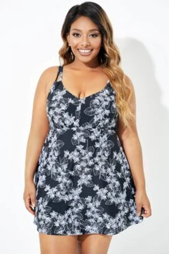 Black Floral Printed Double Strap Women Swimdress -Bikini Bliss Shop b sfsd2003068 6