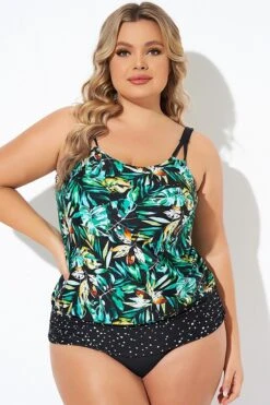 Green Leaf Adjustable Straps Blouson Tankini Top -Bikini Bliss Shop b sftan010006 3