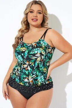Green Leaf Adjustable Straps Blouson Tankini Top -Bikini Bliss Shop b sftan010006 4