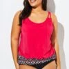 Women Red Loop Strap Blouson Tankini Top