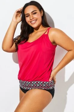 Women Red Loop Strap Blouson Tankini Top -Bikini Bliss Shop b sftan1911017 4