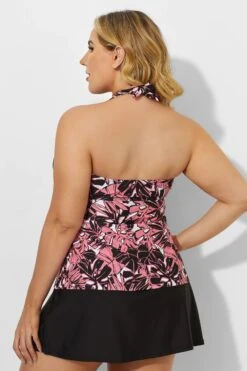 Flower Halter V Neckline Tankini With Slit Skirt -Bikini Bliss Shop b sftan1911168 3