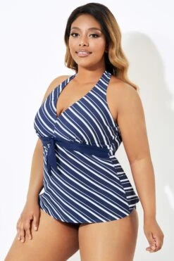 Blue & White Stripe Self-tie Halter Straps Tankini Top -Bikini Bliss Shop b sftan1911180 3