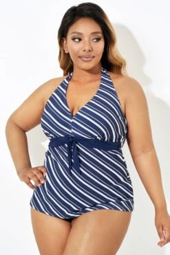 Blue & White Stripe Self-tie Halter Straps Tankini Top -Bikini Bliss Shop b sftan1911180 4