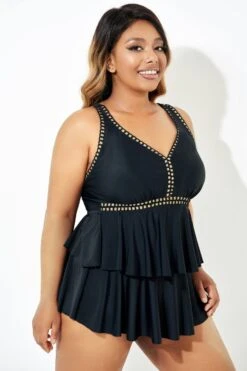 Black Gold Trim V-Neck Ruffle Tankini Top -Bikini Bliss Shop b sftan2003165 3