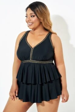 Black Gold Trim V-Neck Ruffle Tankini Top -Bikini Bliss Shop b sftan2003165 4