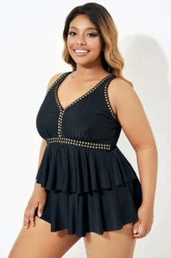 Black Gold Trim V-Neck Ruffle Tankini Top -Bikini Bliss Shop b sftan2003165 6