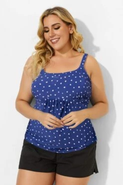Blue Scoopneck Adjustable Straps Purple Dot Tankini Top -Bikini Bliss Shop b sftan2003237 33