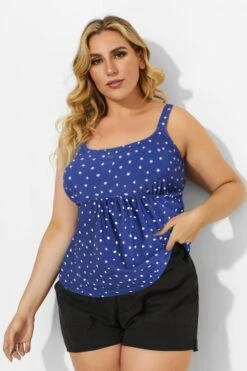 Blue Scoopneck Adjustable Straps Purple Dot Tankini Top -Bikini Bliss Shop b sftan2003237 44