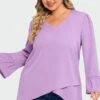 Purple Asymmetrical Ruffles Sleeve Crisscross Hem Blouse