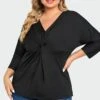 Black V Neck Modal Twist Front Women T-Shirt