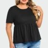 Black Peplum Short Sleeve Round Neck Top