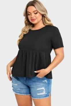 Black Peplum Short Sleeve Round Neck Top -Bikini Bliss Shop c top006001 5