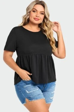 Black Peplum Short Sleeve Round Neck Top -Bikini Bliss Shop c top006001 6