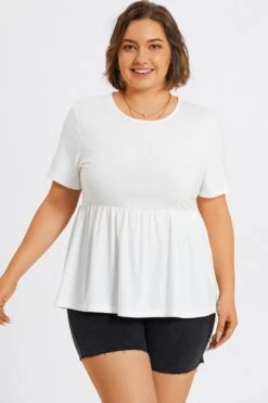 White Plus Size Round Neck Peplum Top