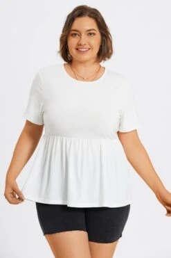 White Plus Size Round Neck Peplum Top -Bikini Bliss Shop c top006002 3
