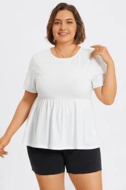 White Plus Size Round Neck Peplum Top -Bikini Bliss Shop c top006002 4