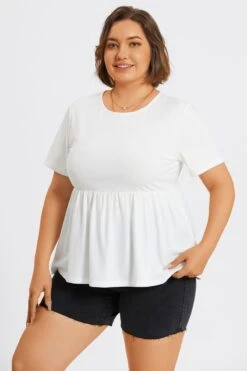 White Plus Size Round Neck Peplum Top -Bikini Bliss Shop c top006002 5