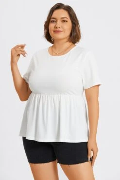 White Plus Size Round Neck Peplum Top -Bikini Bliss Shop c top006002 6