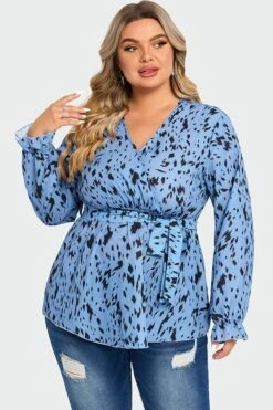 Blue Asymmetrical Hem Wrap Long Sleeve Blouse -Bikini Bliss Shop c top007001 3
