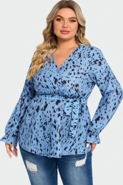 Blue Asymmetrical Hem Wrap Long Sleeve Blouse -Bikini Bliss Shop c top007001 4