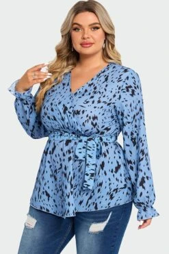Blue Asymmetrical Hem Wrap Long Sleeve Blouse -Bikini Bliss Shop c top007001 5