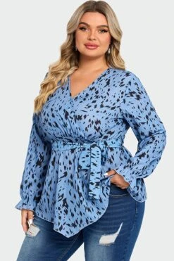 Blue Asymmetrical Hem Wrap Long Sleeve Blouse -Bikini Bliss Shop c top007001 6